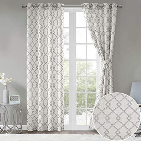 Comfort Spaces 2 Panel Curtains - Bridget Faux Linen Window Curtains 84 inch Length Grommet Top with Tie Backs - White/Grey Fretwork Embroidery Design