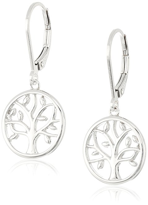 Rhodium Plated Sterling Silver Tree of Life Dangle Lever Back Earrings