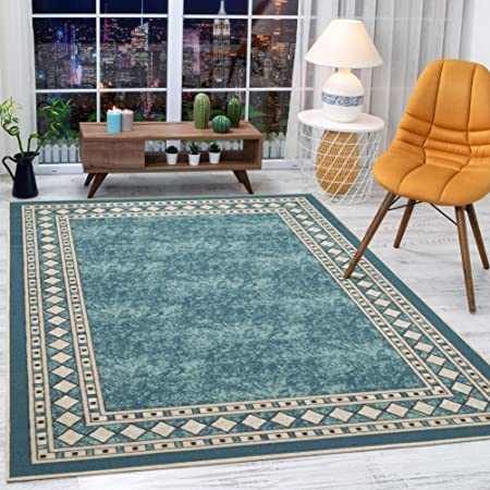 Antep Rugs Alfombras Modern Bordered 5x7 Non-Skid (Non-Slip) Low Profile Pile Rubber Backing Indoor Area Rugs (Blue, 5' x 7')
