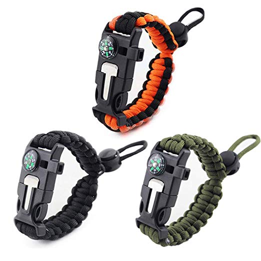 3 PCs Emergency Paracord Bracelets Survival Outdoor Bracelet Suvival Gear with Flint Fire Starter& Whistle& Compass& Scraper Function Adjustable Size Fits Most Wrists for Camping Hiking and More