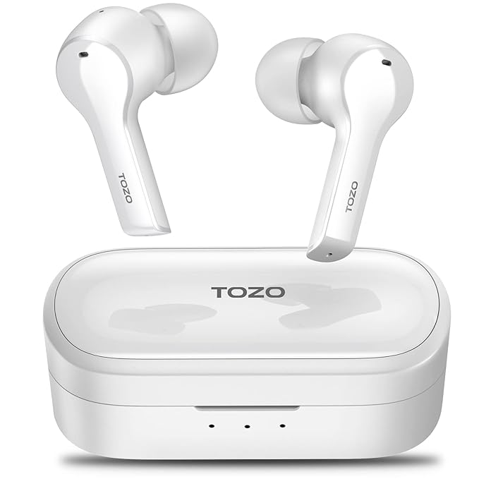 TOZO T9 True Wireless Earbuds Environmental Noise Cancellation 4 Mic Call Noise Cancelling Headphones and Deep Bass with Light Weight Wireless Charging Case IPX7 Waterproof Built-in Mic Headset White