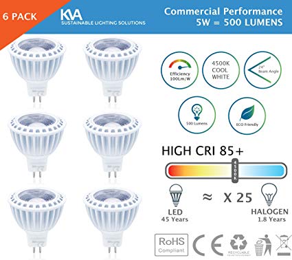 KVA LIGHTING - MR16 LED Bulbs Bright White Color Tones (6 Pack) 5W US BRIDGELUX DC 12V MR16 Light Bulbs [4000K 4500K MR16 Cool White] Ideal: Office, Kitchen & Bathroom