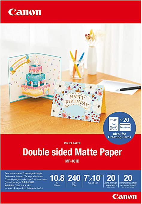 Canon 7” x 10” MP-101D Double Sided Matte Photo Paper/20 Sheets – Perfect for Greeting Cards with Envelopes