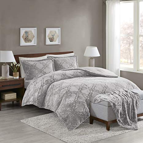 Comfort Spaces - Odessa Comforter Set   Long Fur Throw Combo - 4 Piece - Grey - Snugly Warm and Ultra Soft - Full/Queen Size, Includes 1 Comforter, 2 Shams