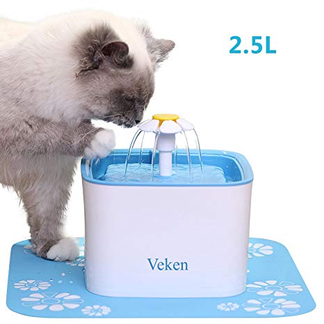Veken Pet Fountain, 84oz/2.5L Automatic Cat Water Fountain Dog Water Dispenser with 3 Replacement Filters & 1 Silicone Mat for Cats, Dogs, Multiple Pets