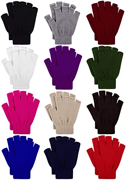 Cooraby 12 Pairs Winter Half Finger Gloves Flexibly Stretchy Knit Fingerless Gloves for Typing Texting