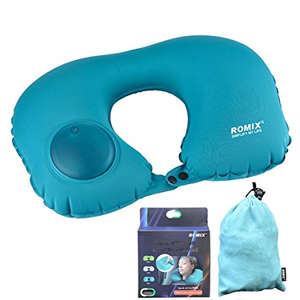 Inflatable Neck Pillow Support - Soft Travel Pillow U Shaped Airplane Pillows Cushion for Sleeping on Plane Car Bus - Traveling Pillow with Compact Drawstring Bag (Blue)