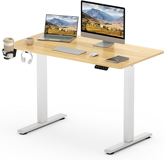 SANODESK Escritorio Elevable Eléctrico 110x60cm con Tablero Entero(con Gancho/Portabotellas), Standing Desk, Escritorio Ajustable en Altura con Tablero, Función de Memoria, para Trabajo/Hogar(Arce)