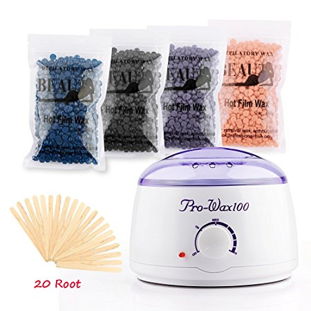 HailiCare Hair Removal Waxing Kit - Electric Hot Wax Heater Warmer with 4 different flavors Hard Wax Beans and 20pcs Waxing Spatulas 100g/Pack of Wax Beans (Chamomile, Lavender,Nature,Rose)