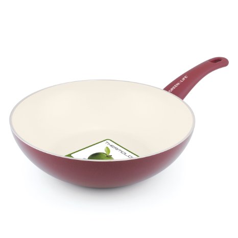 GreenLife 11 Inch Ceramic Non-Stick Wok with Soft Grip Red