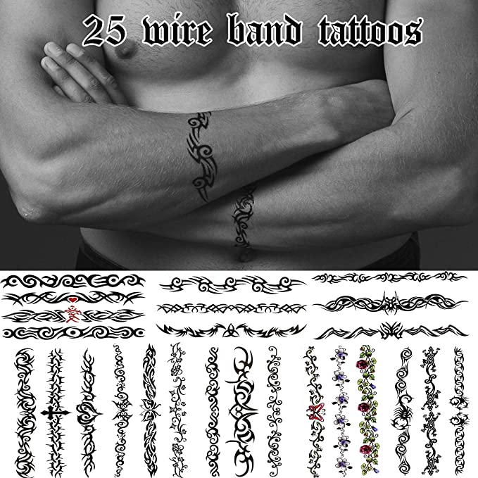 25 Cool Temporary Tattoos Assorted Arm Band and Leg Band Wire Styles - For Adults and Teens - Great on Wrists, Ankles, Arms and Lower Legs