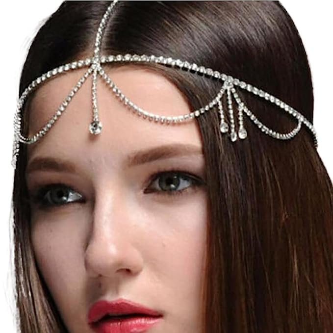 Fdesigner Crystal Head Chain Silver Bride Rhinestone Tassel Hair Chain Wedding Pendant Headpieces Jewelry Pageant Costume Hair Accessories for Women and Girls