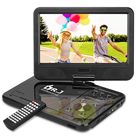 DR. J Professional 10.1" Portable DVD Player with 5 Hours Rechargeable Battery, 270 Degrees Swivel Screen, Region Free, SD Card Slot, USB Port, 1.8M Car Adapter and Battery Adapter-Black