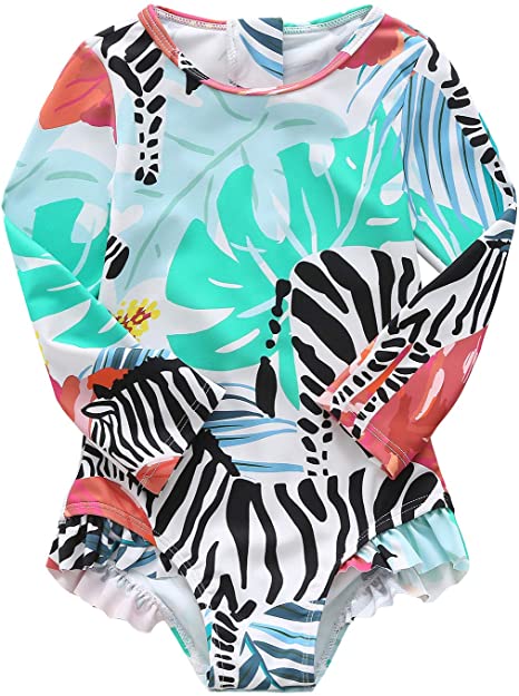 Baby Girls Rash Guard Swimsuits One Piece Bathing Suits for Kids Long Sleeve Swim Shirts with Sun Protection