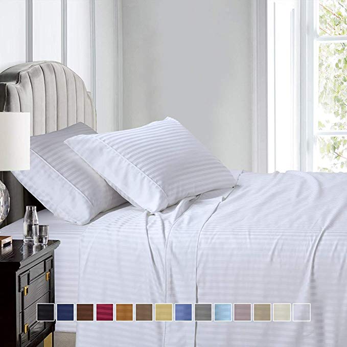 Royal Hotel Stripe Sheets - Top Split-King: Adjustable King Bed Sheets - 4PC Bed Sheet Set - 100% Cotton - 600 Thread Count - Deep Pocket, Top Split King, White