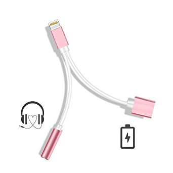 iPhone 7/7 Plus 2 in 1 Adapter,VOWSVOWS iPhone 7/7 Plus Accessories 2 in 1 Lightning Adapter Cable Charge and Headphone Splitter(IOS 10.3)(Rose gold)