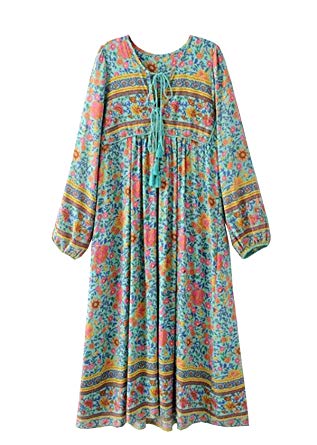 R.Vivimos Women's Long Sleeve Floral Print Retro V Neck Tassel Bohemian Long Dresses