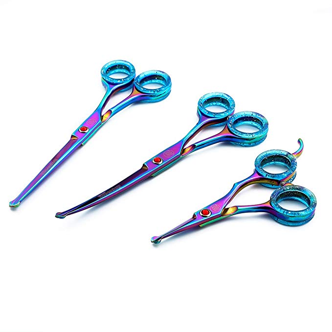 Moontay Sets of 3 Professional Safety Rounded Tips Pet Grooming Scissors Dogs&Cats Grooming Cutting Sheas and Rabbit Chunker Shears by