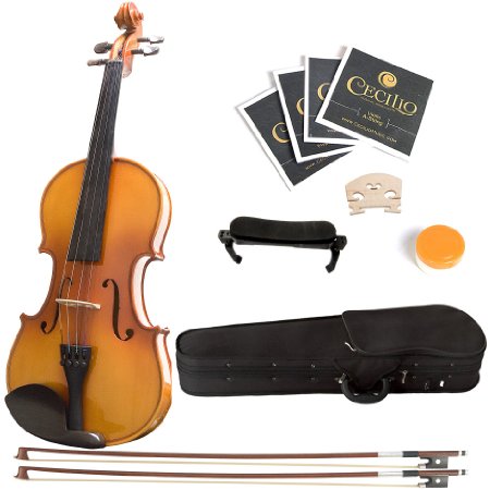 Mendini 3/4 MV400 Ebony Fitted Solid Wood Violin with Hard Case, Shoulder Rest, Bow, Rosin, Extra Bridge and Strings