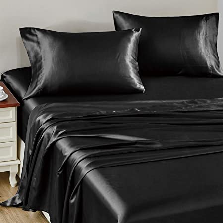 CozyLux Satin Sheets Full Size 4-Pieces Silky Sheets Microfiber Black Bed Sheet Set with 1 Deep Pocket Fitted Sheet, 1 Flat Sheet and 2 Pillowcases, Smooth and Soft