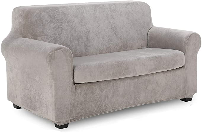 TIANSHU 2 Piece Velvet Loveseat Cover,Soft Plush Loveseat Slipcover, Non-Slip High Stretch Couch Covers for 2 Cushion Couch, Stylish Fleece Furniture Cover Protector. (Loveseat, Light Gray)