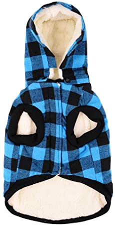 RC GearPro Cozy Waterproof Windproof Reversible British Style Plaid Dog Vest Hooded Shirt Coat Dog Apparel Cold Weather Dog Jacket for Puppy Small Medium Large Dog (S, Blue)