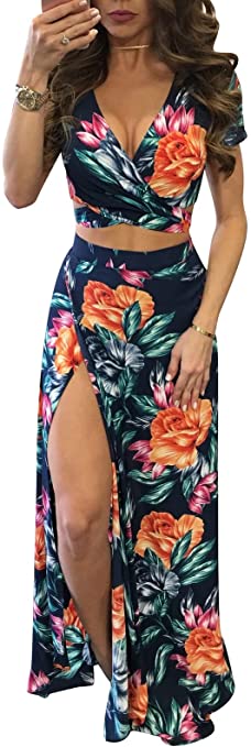 2 Piece Skirt Sets for Women - Tank Crop Tops   High Waist Side Split Maxi Skirts Sets