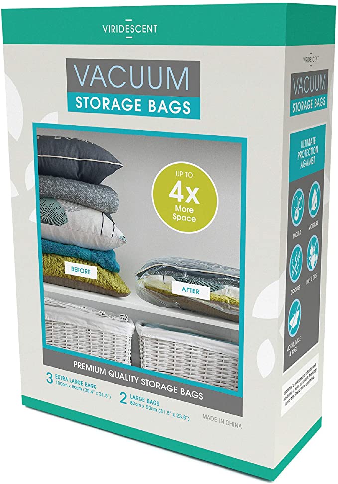 Viridescent® Reusable Vacuum Storage Bags with ZipSeal - 35% Thicker Plastic - Create 4 x More Storage Space - 5 pack, 2 x Large and 3 x Jumbo/Extra Large