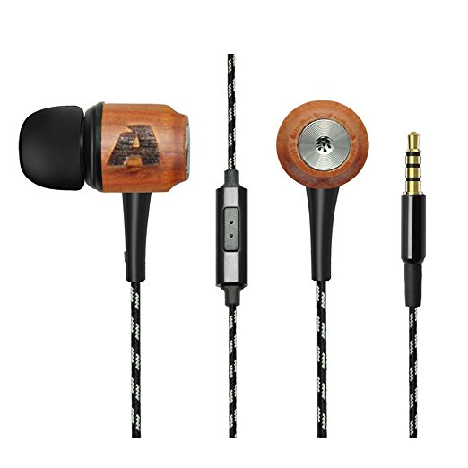 Arealer Wooden Red Sandalwood In-ear Earphone Headphones with mic Earbuds with Braided Weaved Cable for PC Tablet iPhone Sony HTC Android Smartphones