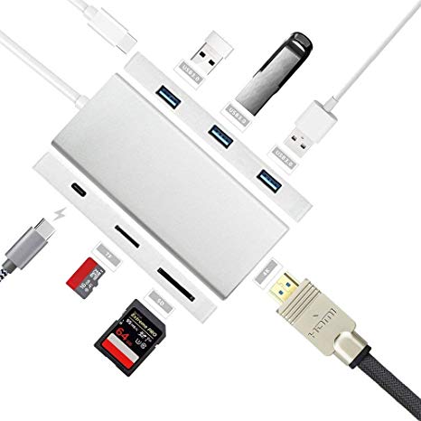 Thunderbolt 3 USB C Hub, iBosi Cheng 7 in 1 Aluminum USB Type-C Hub Adapter with HDMI 4K, Type C Charging Port, 3 USB 3.0 Ports, SD & Micro SD Card Reader for MacBook, iMac, and More USB C Devices.