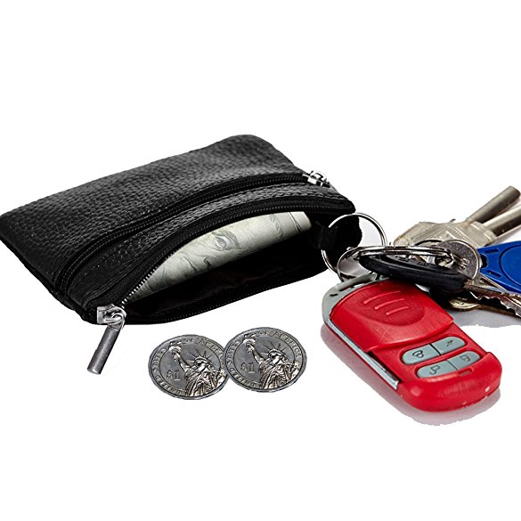 Lecxci Small Leather Coin Change Purses, Card Case Wallet with Car Home Key Ring