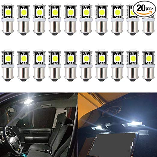 JAVR - Pack of 20 - White BA9S T11 T4W 64111 Miniature Bayonet Single Contact Base LED Bulbs 5SMD 5050 For Side Marker Lights RV and Boat Navigation Bulb Dome Lights Map Lights License Plate Light