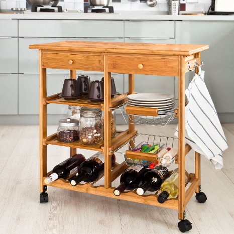SoBuy FKW06-N Kitchen Storage Cart with Shelves and DrawersHostess TrolleyKitchen IslandL 283 x W 145 x H 297inchBamboo