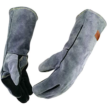 WZQH 16 Inches,932℉,Leather Forge Welding Gloves,Heat/Fire Resistant,Kevlar stitching,Mitts for BBQ,Oven,Grill,Fireplace,Tig,Mig,Baking,Furnace,Stove,Pot Holder,Animal Handling Glove.Black-gray
