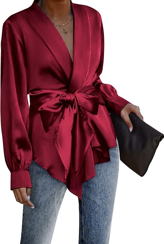 ACEVOG Women's Satin Blouse Wrap Tie Waist or Open Front Shirt Silk Drape Dressy Long Sleeve Top