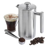 VonShef Double-Wall Keep Warm Satin Brushed Stainless Steel French Press Cafetiere Coffee Filter8 Cup w Measuring Spoon and Sealing Clip Available in sizes 3 6 and 8 Cup