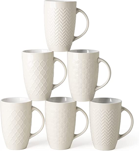 AmorArc Large Coffee Mugs Set of 6, 20oz Ceramic Tall Coffee Mugs Set with Textured Geometric Patterns for Coffee/Tea /Beer/Hot Cocoa, Dishwasher & Microwave Safe,Beige