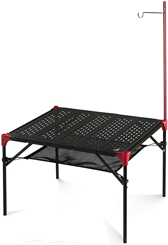 iClimb Extendable Folding Table Large Tabletop Area Ultralight Compact with Hollow Out Tabletop for Camping Backpacking Beach Concert BBQ Party, Three Size (Black - L   Hanger)