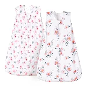 PHF 100% Cotton Baby Sleep Sack, 2-Way Zipper Baby Wearable Blanket, 6-12 Months TOG 0.5 Toddler Sleeping Sack, 2 Pack Sleeveless Soft Sleeping Bags for Baby Boys Girls, Medium, Floral