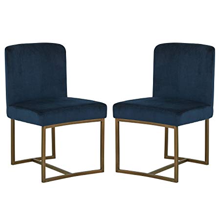 Rivet Eastern Modern Dining Room Kitchen Chairs, Velvet, 32 Inch Height, Set of 2, Blue, Bronze Metal