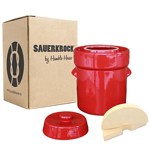 Humble House Fermentation Crock German-Style SAUERKROCK "City" 2 Liter (0.5 Gallon) Water Sealed Jar, Lid and Weights in Heirloom Red - For Fermenting Sauerkaut, Kimchi and Pickles!