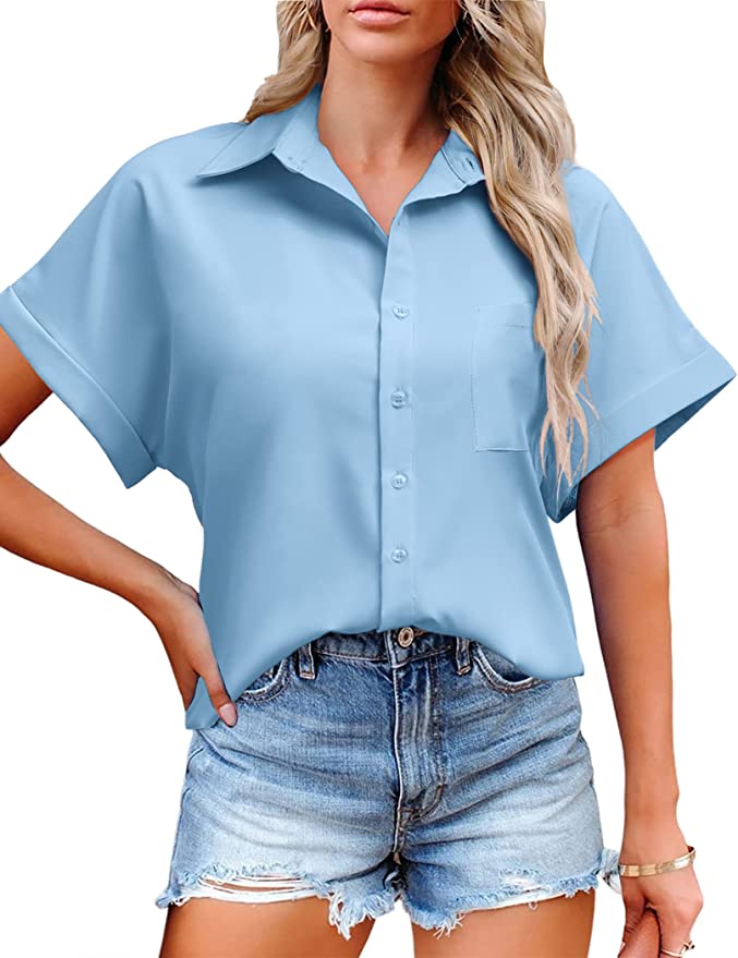 ACEVOG Women Short Sleeve Shirts Button Up V Neck Collared Casual Office Blouse Tops