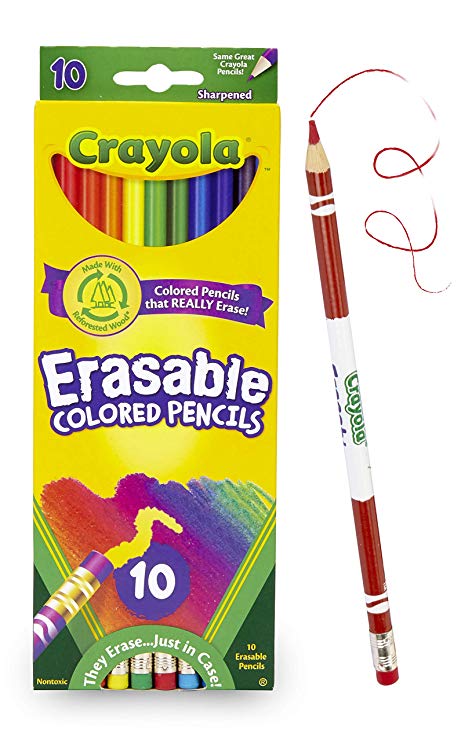 Crayola Erasable Colored Pencils, 10 Non-Toxic, Pre-Sharpened, Fully Erasable Pencils Colored Pencil Set for Adult Coloring Books or Kids 4 & Up, Great for Shading, Gradation, Line Art & More