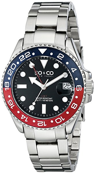 SO&CO New York Men's 5021.2 Yacht Club Stainless Steel Date Luminous Hands and Markers Blue and Red Unidirectional Bezel Stainless Steel Link Bracelet Watch