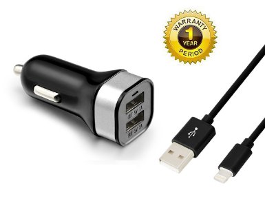Hallein(TM) 3.1A 15W Dual Port High Speed USB Car Charger with 3ft 8 Pin Lightning to USB Sync & Charging Cable Cord (Black)