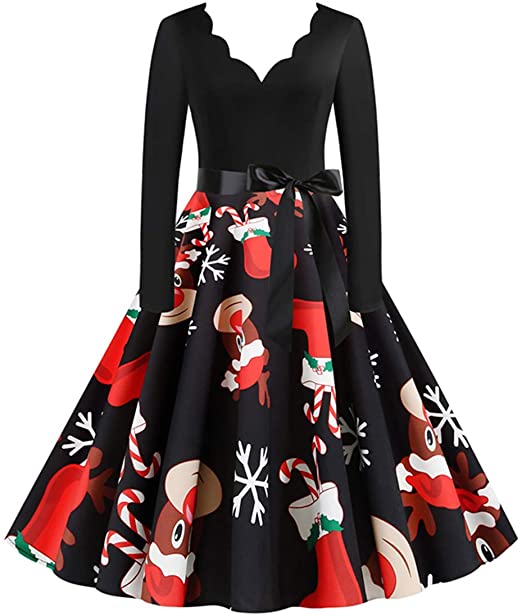 Fashion Dresses Women Ladies Long Sleeve V Neck Printed Vintage Cocktail Party Patchwork Stitched A-line Midi Dress