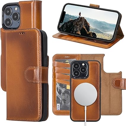 OXA Leather iPhone 13 Pro Case Wallet, iPhone Leather Wallet Case Flip Cover with Card Holder, RFID Blocking, Detachable Leather Wallet Case with Kickstand, Compatible with Magsafe(Rustic)