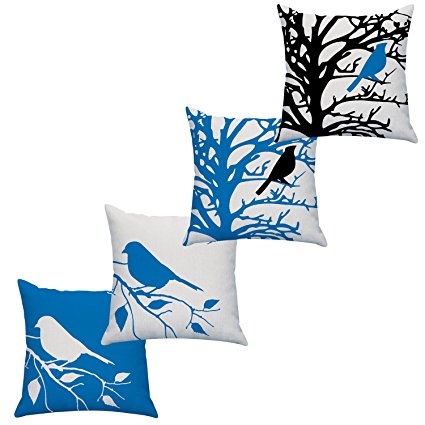 LAZAMYASA Square Cartoon Bird Printed Cushion Cover Cotton Throw Pillow Case Sham Slipover Pillowslip Pillowcase For Home Sofa Couch Chair Back Seat,4PCS,Blue,18x18in