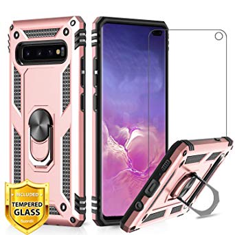 Case for Samsung Galaxy S10e, Galaxy S10e Phone case, Suordii Military Armor Dual Layer Cover with Tempered Galss Screen Protector, 360 Degree Ring Grip Holder Stand - Rose Gold