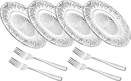 Godinger Dublin Dessert Plates and Forks - Set of Four - Clear Crystal